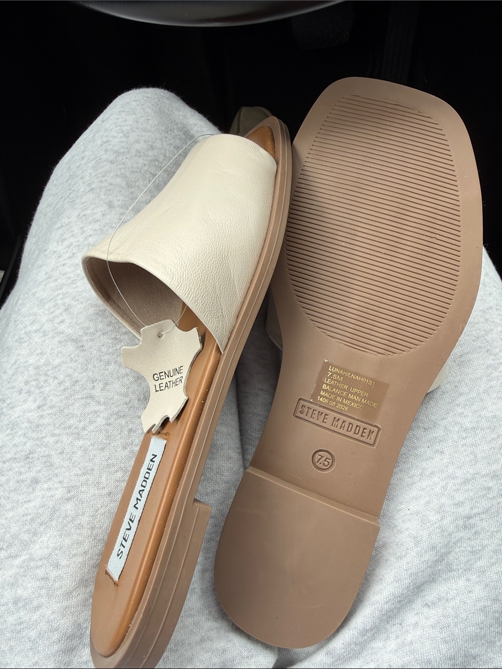 Steve Madden Cream Leather Slide Sandals with Tan Footbed - Picture 3 of 3